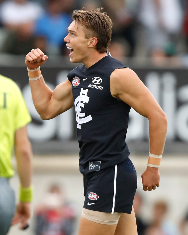 AFL 2018 JLT Community Series - Carlton v St Kilda Patrick Cripps celebrates one of his two goals against St Kilda - AFL,Fantasy